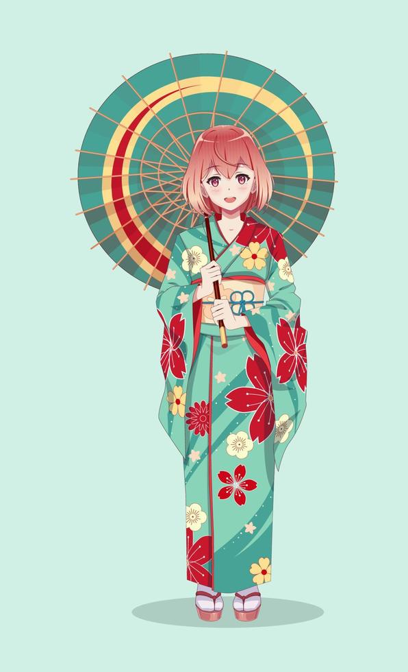 anime manga flickor i traditionell japansk kimono kostym innehav papper paraply. vektor illustration på isolerat bakgrund