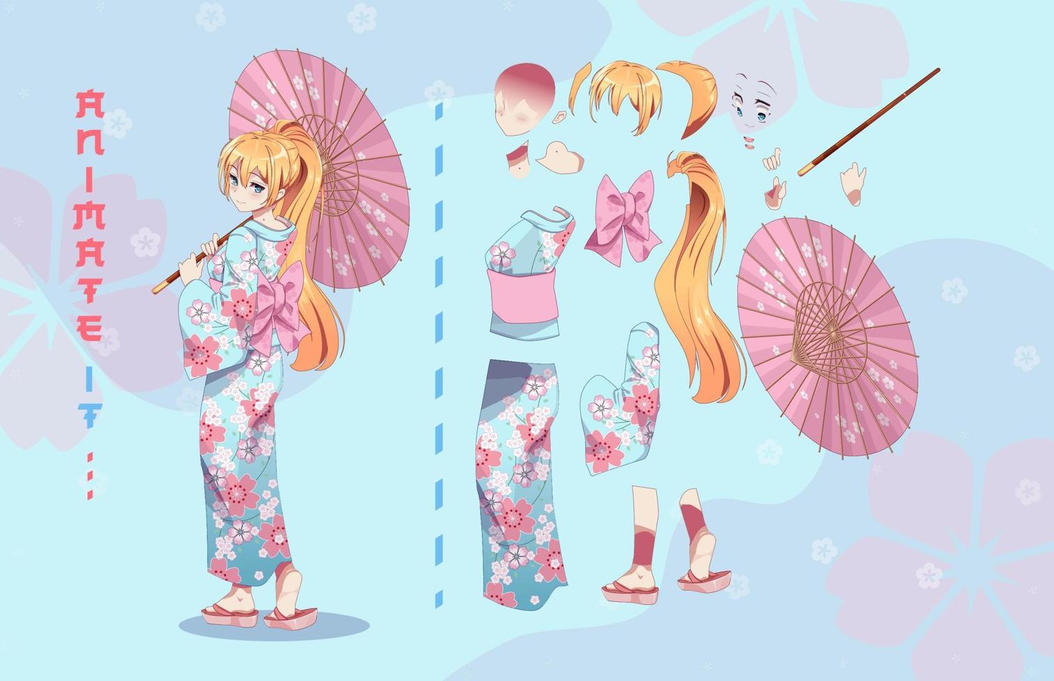 anime manga flicka tecknad serie tecken för animation, rörelse design utrustning. delar av kropp. flicka eller geisha bär japansk kimono stående med paraply vektor