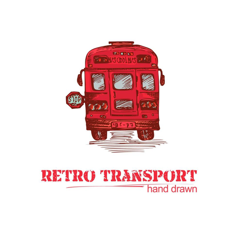 hand dragen röd retro buss isolerat på vit bakgrund. årgång lastbil i skiss stil. konst design för affisch, flayer, baner. illustration vektor
