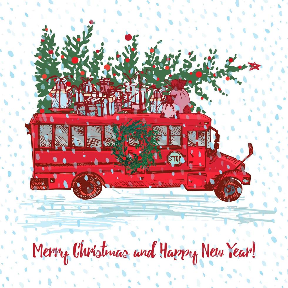 jul röd buss med gran träd dekorerad bollar och gåvor på tak. vit snöig sömlös bakgrund och text glad jul och Lycklig ny år. hälsning kort. illustrationer vektor