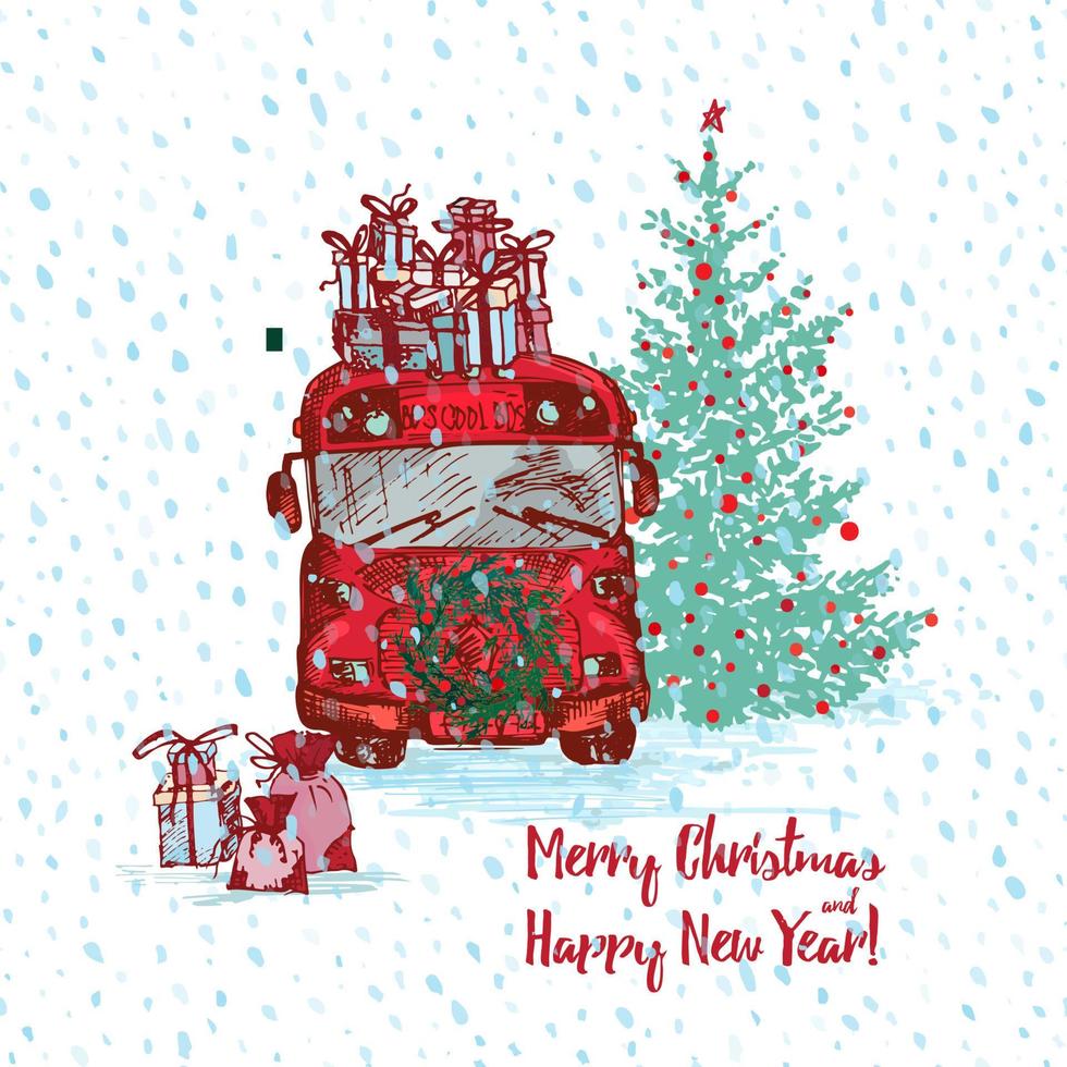 jul röd buss med gran träd dekorerad bollar och gåvor på tak. vit snöig sömlös bakgrund och text glad jul och Lycklig ny år. hälsning kort. illustrationer vektor