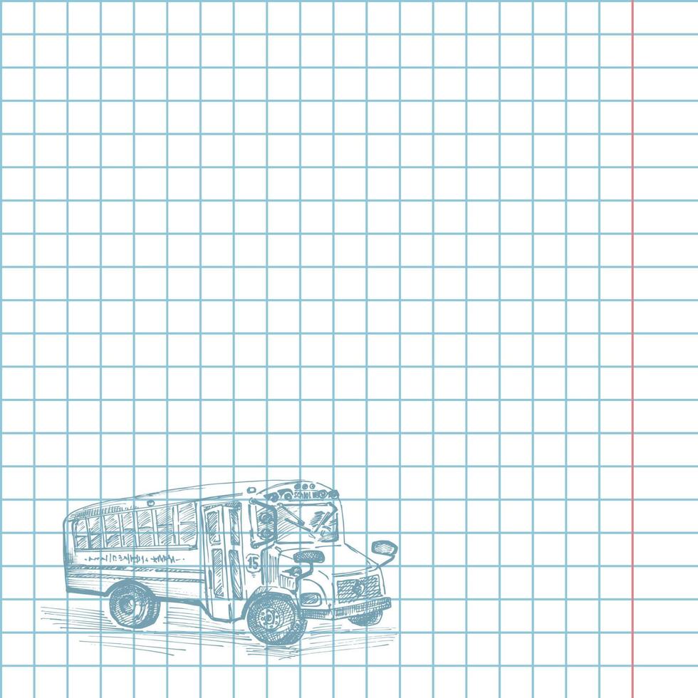Papierzellennotizbuch mit Hand gezeichneter Skizze gelbes Schulbussymbol zurück zu Schulthemabildungskonzeptweinleseillustrationselement der grafischen Kunst für leeres Design vektor