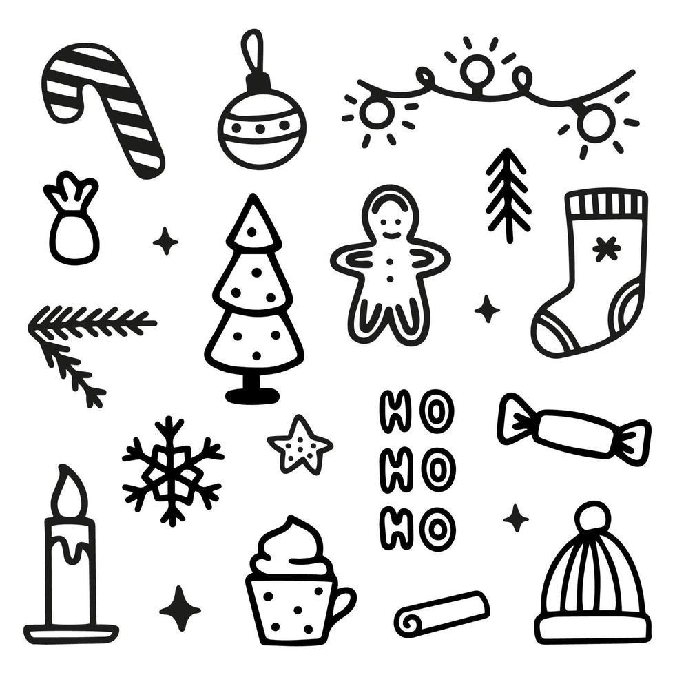 Reihe von Winterkritzeleien - Girlande, Weihnachtskugel, Socke, Süßigkeiten, Lebkuchenmann, Kerze, Weihnachtsbaum. vektor handgezeichnete illustration. perfekt für urlaubsdesigns weihnachtselemente kollektion