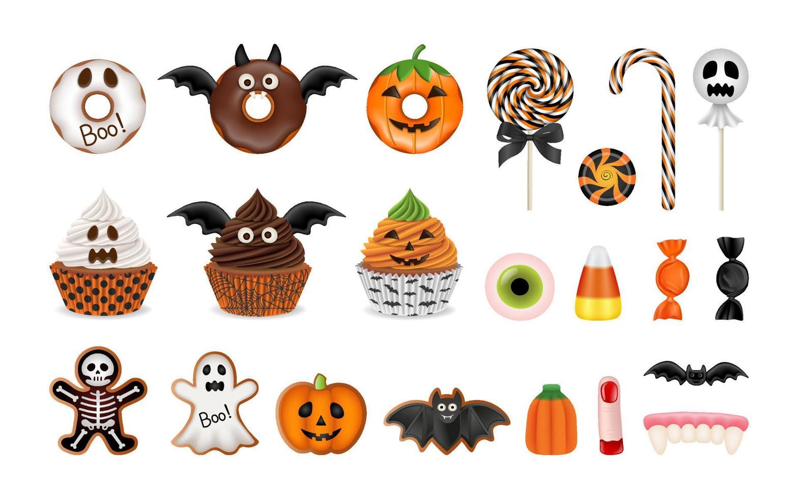 Reihe von isolierten Halloween-Süßigkeiten. Sammlung von Halloween-Kuchen und Süßigkeiten vektor