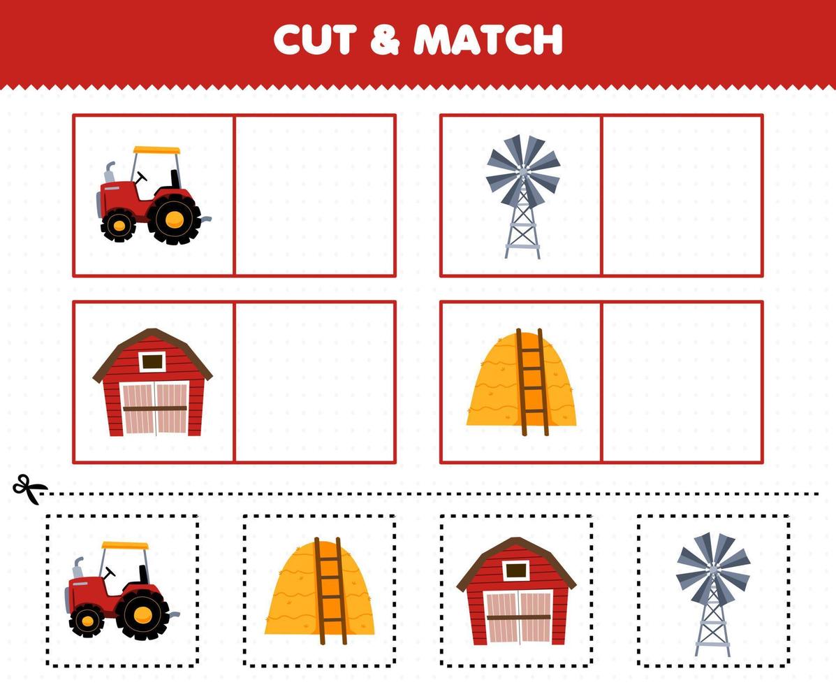 utbildning spel för barn skära och match de samma bild av söt tecknad serie traktor väderkvarn ladugård höstack tryckbar bruka kalkylblad vektor