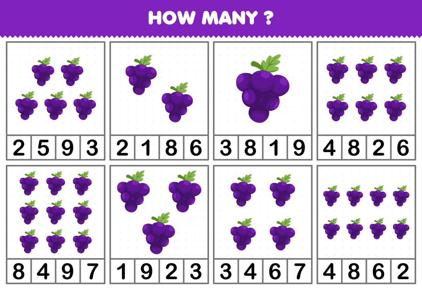 Lernspiel für Kinder, die zählen, wie viele Objekte in jeder Tabelle des druckbaren Arbeitsblatts für niedliche Cartoon-Traubenfrüchte enthalten sind vektor