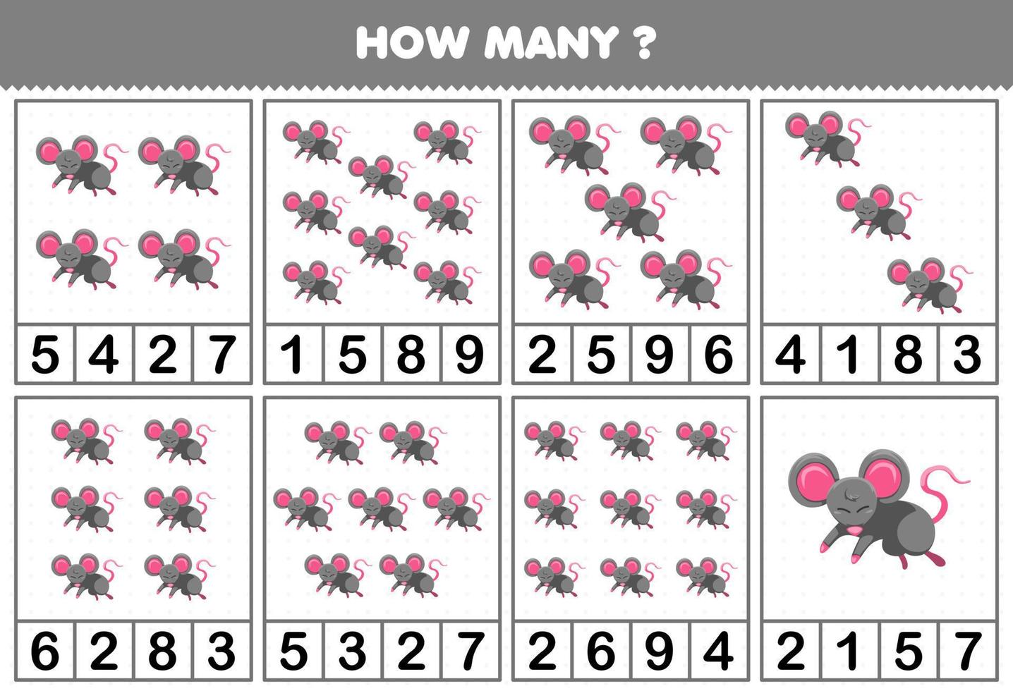 Lernspiel für Kinder, die zählen, wie viele Objekte in jeder Tabelle des Arbeitsblatts zum Ausdrucken von niedlichen Cartoon-Maustieren vorhanden sind vektor