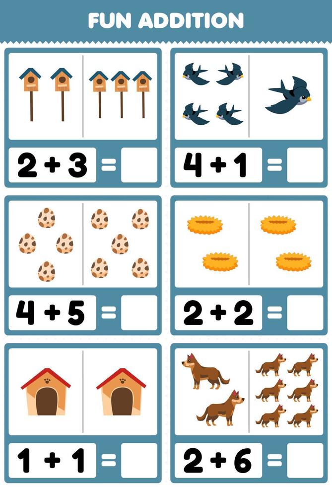 utbildning spel för barn roligt tillägg förbi räkning och belopp av söt tecknad serie fågel ägg bo kennel hund tryckbar bruka kalkylblad vektor