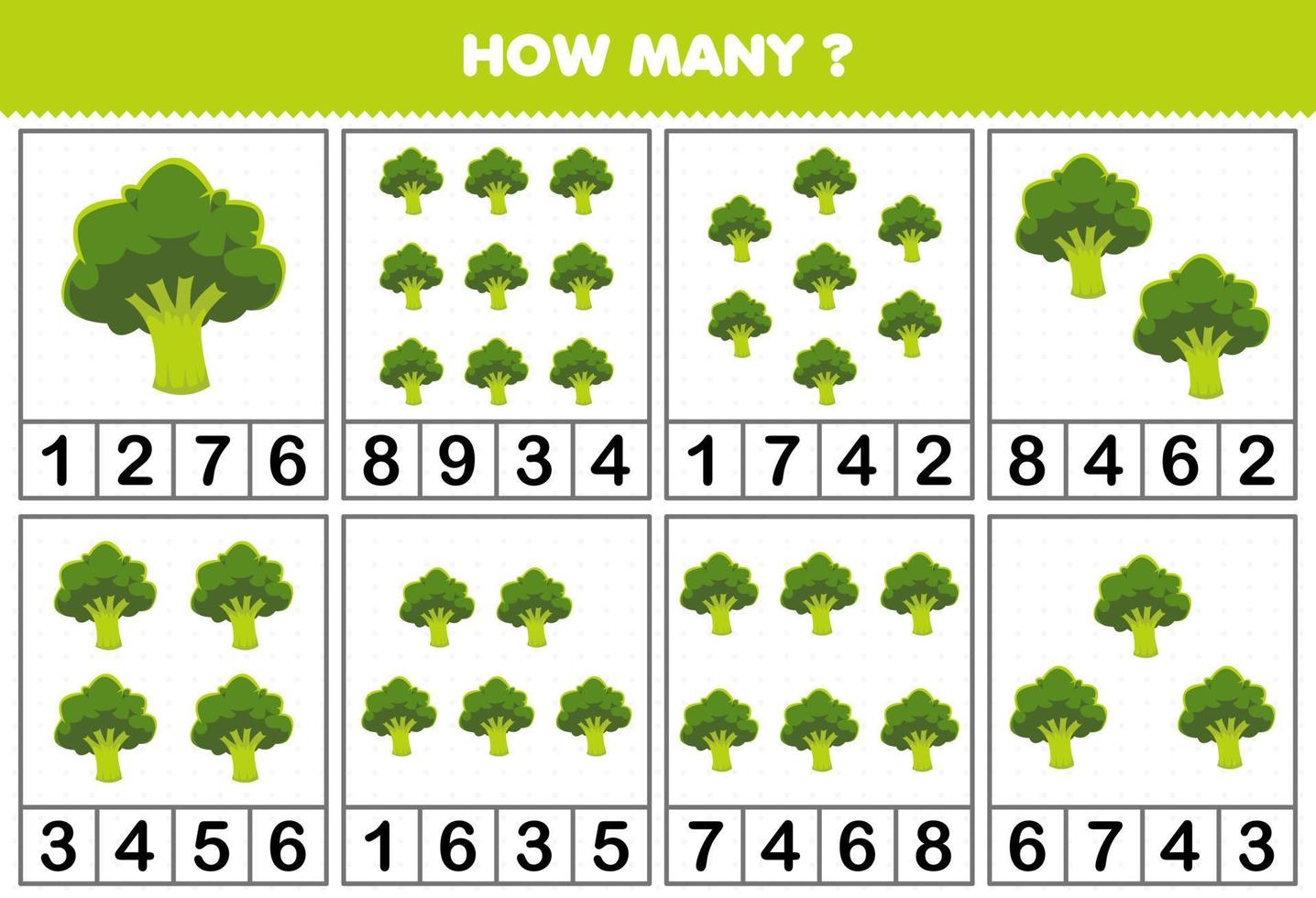 Lernspiel für Kinder, die zählen, wie viele Objekte in jeder Tabelle des niedlichen Cartoon-Brokkoli-Gemüse-Arbeitsblatts zum Ausdrucken sind vektor