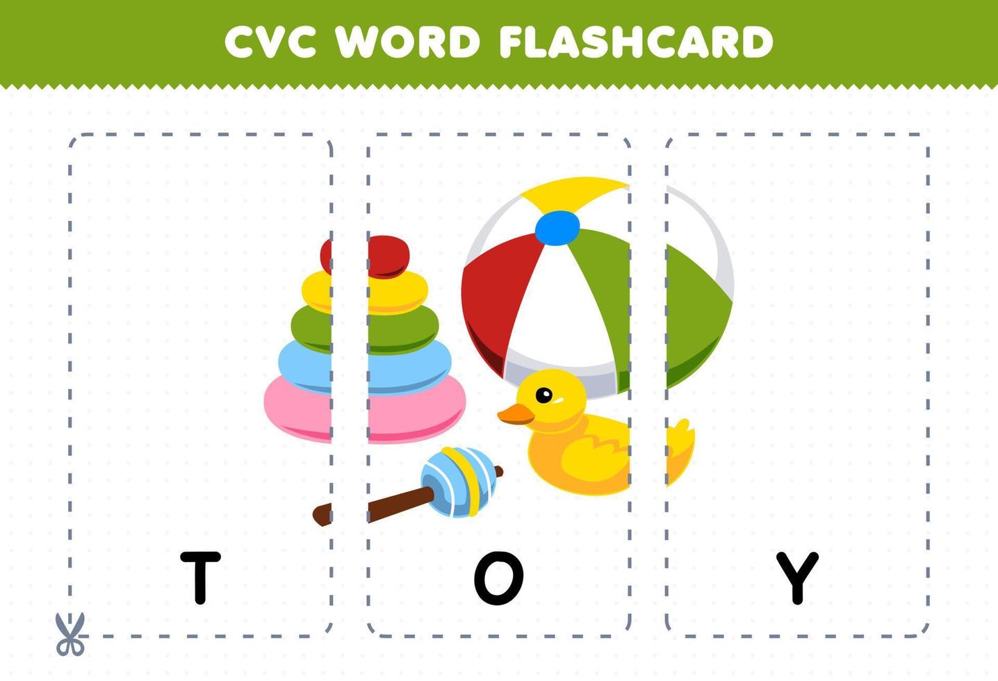 Lernspiel für Kinder, die Konsonanten, Vokale, Konsonanten, Wörter mit niedlichen Cartoon-Kinderspielzeug-Illustrationen zum Ausdrucken lernen vektor