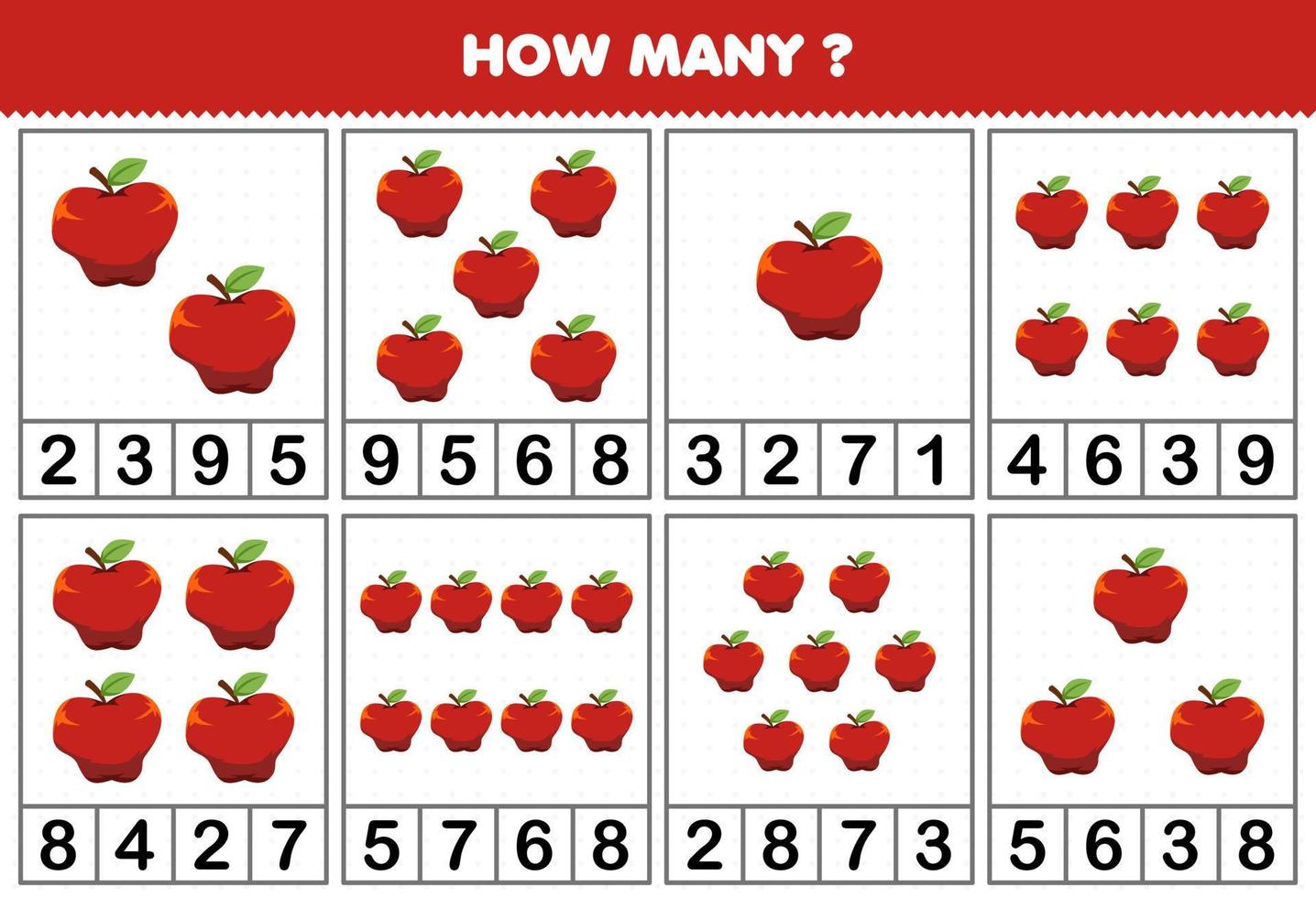 utbildning spel för barn räkning på vilket sätt många objekt i varje tabell av söt tecknad serie äpple frukt tryckbar kalkylblad vektor