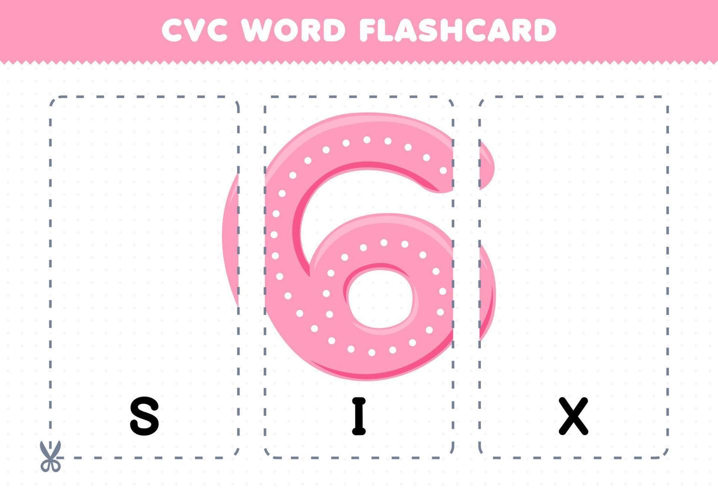 Lernspiel für Kinder, die Konsonanten-Vokal-Konsonanten-Wörter mit niedlichen Cartoon-6-Zahlen-Illustrationen zum Ausdrucken lernen vektor
