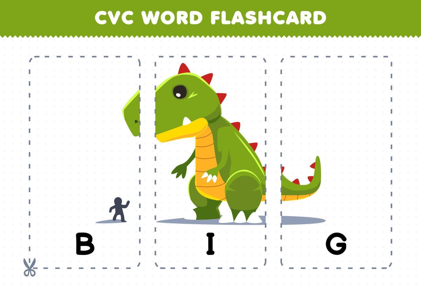 utbildning spel för barn inlärning konsonant vokal konsonant ord med söt tecknad serie stor dinosaurie illustration tryckbar Flash-kort vektor