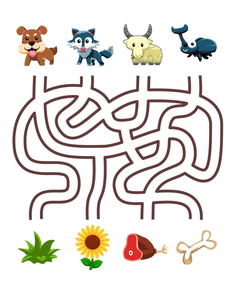 Labyrinth-Puzzle-Spiel für Kinder Paar niedlichen Cartoon-Hund Wolf Ziege Käfer mit dem richtigen Lebensmittel druckbares Arbeitsblatt vektor