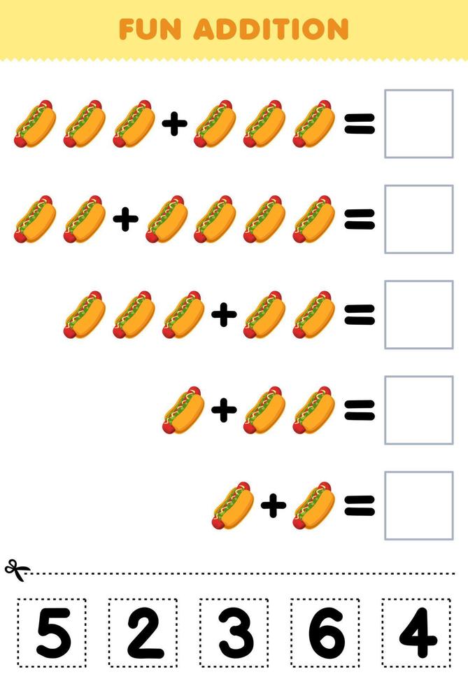 utbildning spel för barn roligt tillägg förbi skära och match korrekt siffra för tecknad serie mat varmkorv tryckbar kalkylblad vektor