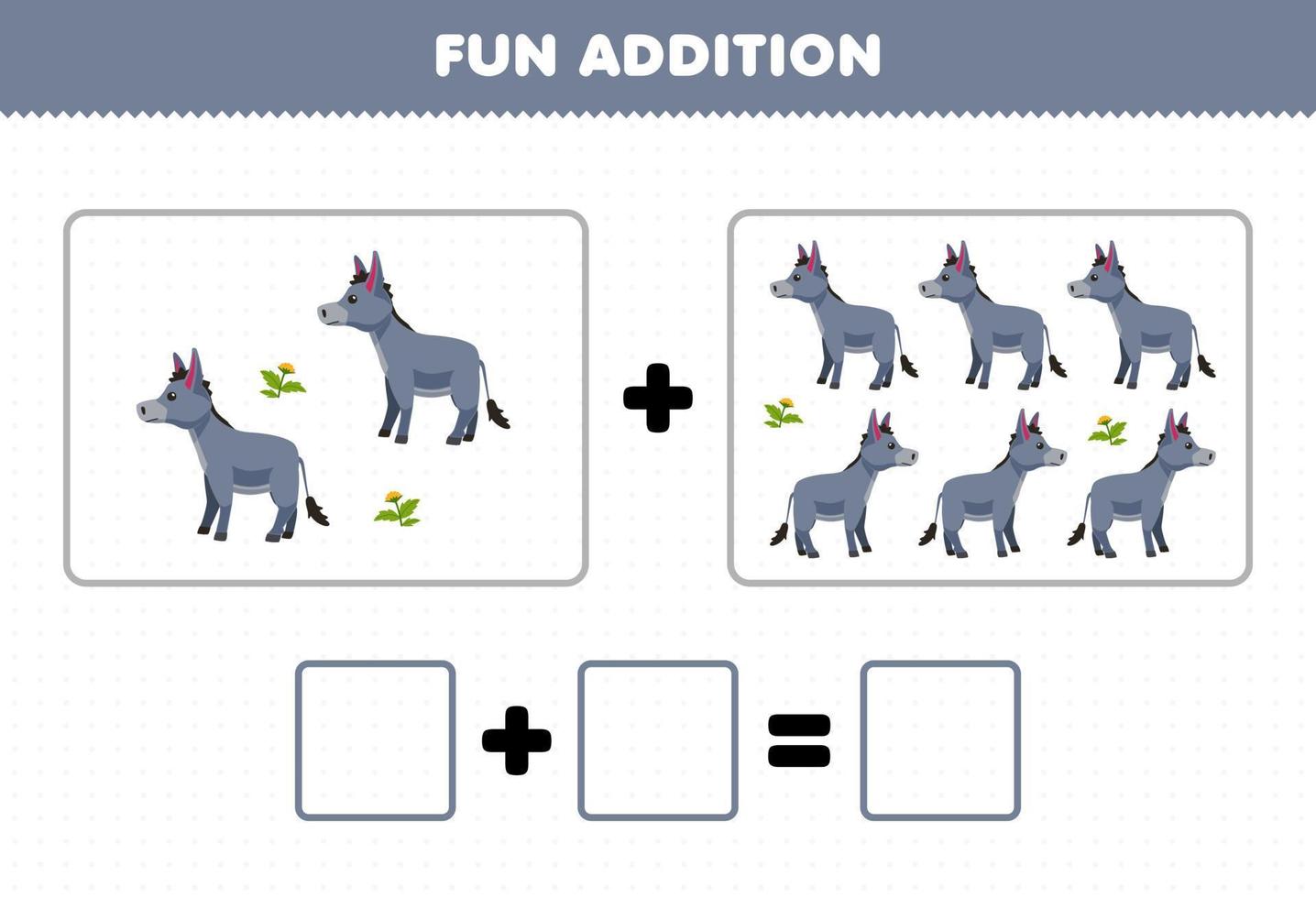 Lernspiel für Kinder Spaßzusatz durch Zählen von niedlichen Cartoon-Eselbildern zum Ausdrucken des Farm-Arbeitsblatts vektor
