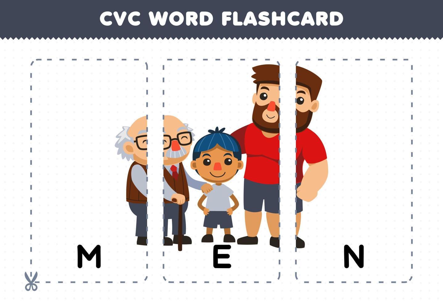 Lernspiel für Kinder, die Konsonanten, Vokale, Konsonantenwörter lernen, mit niedlichen Cartoon-Männern, Opa, Sohn und Papa, Illustration zum Ausdrucken vektor