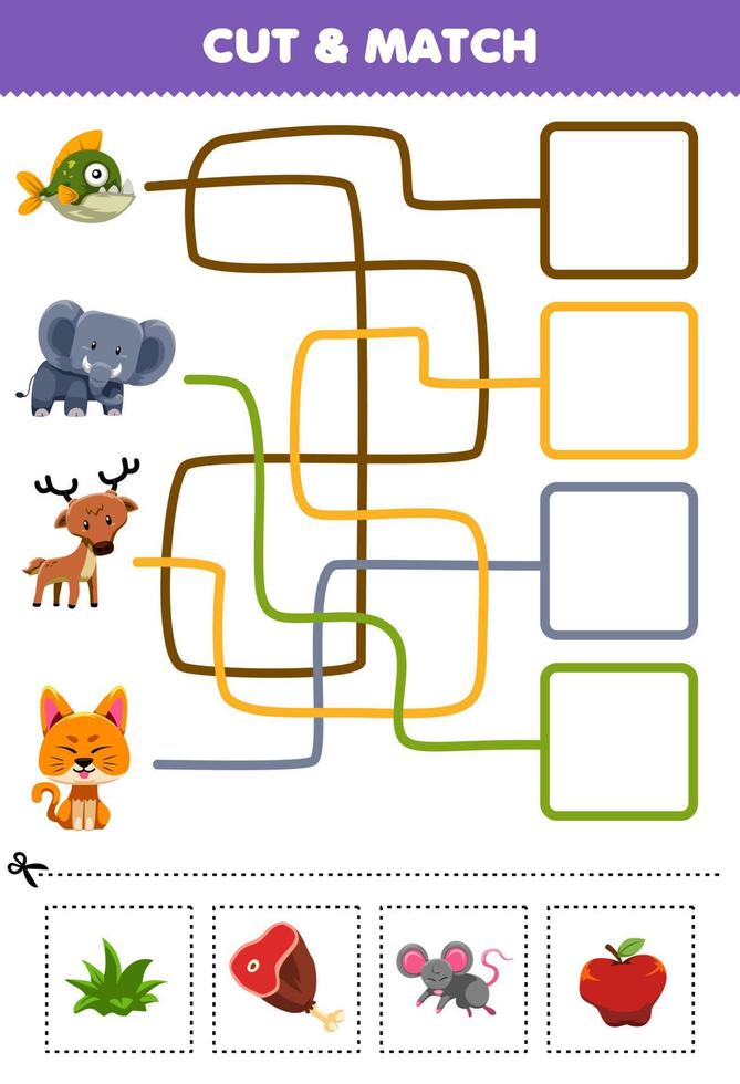 Lernspiel für Kinder Schneide und kombiniere das richtige Essen für niedliches Cartoon-Piranha-Fisch-Elefant-Hirsch-Katze-Druckbares Arbeitsblatt vektor