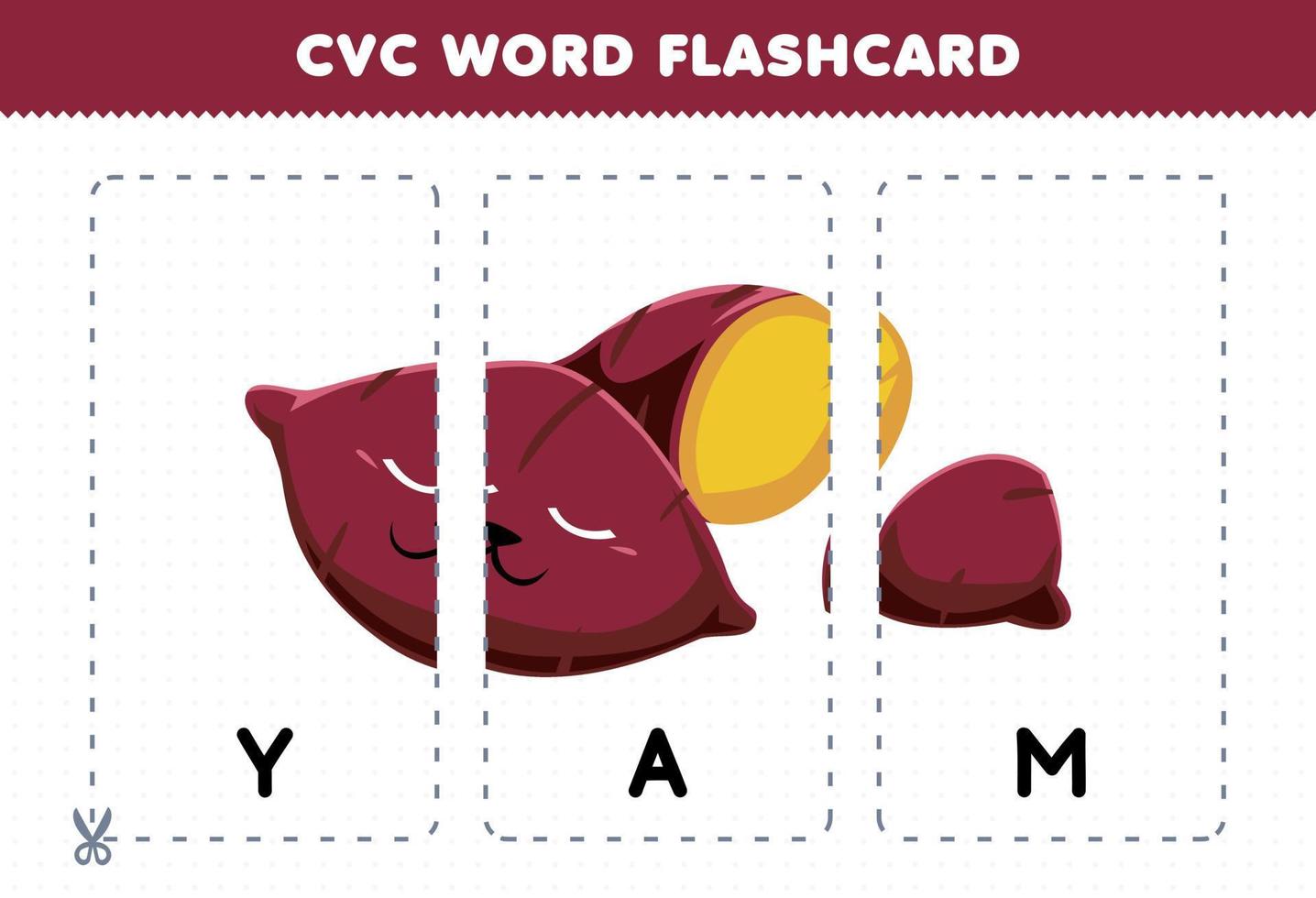 Lernspiel für Kinder, die Konsonant-Vokal-Konsonant-Wort mit niedlicher Cartoon-Yamswurzel-Illustration zum Ausdrucken lernen vektor