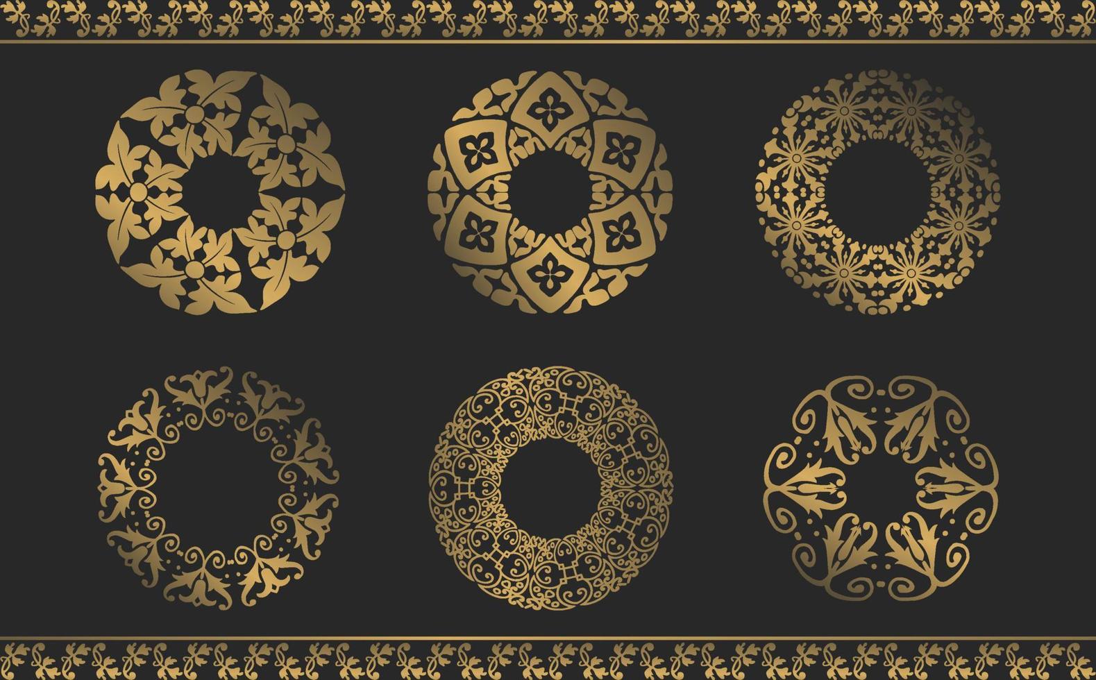 samling av lyxig prydnad cirkel mönster. cirkulär guld barock mönster. runda blommig prydnad. årgång ramar. hälsning kort. bröllop inbjudan vektor