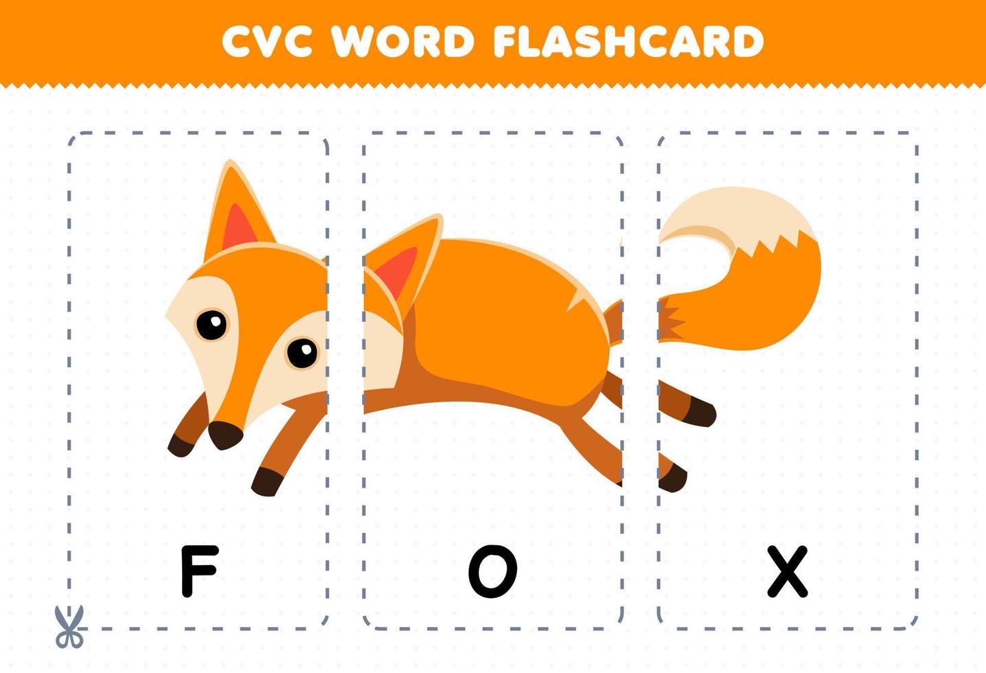 Lernspiel für Kinder, die Konsonant-Vokal-Konsonant-Wort mit niedlicher Cartoon-Fuchs-Illustration zum Ausdrucken lernen vektor