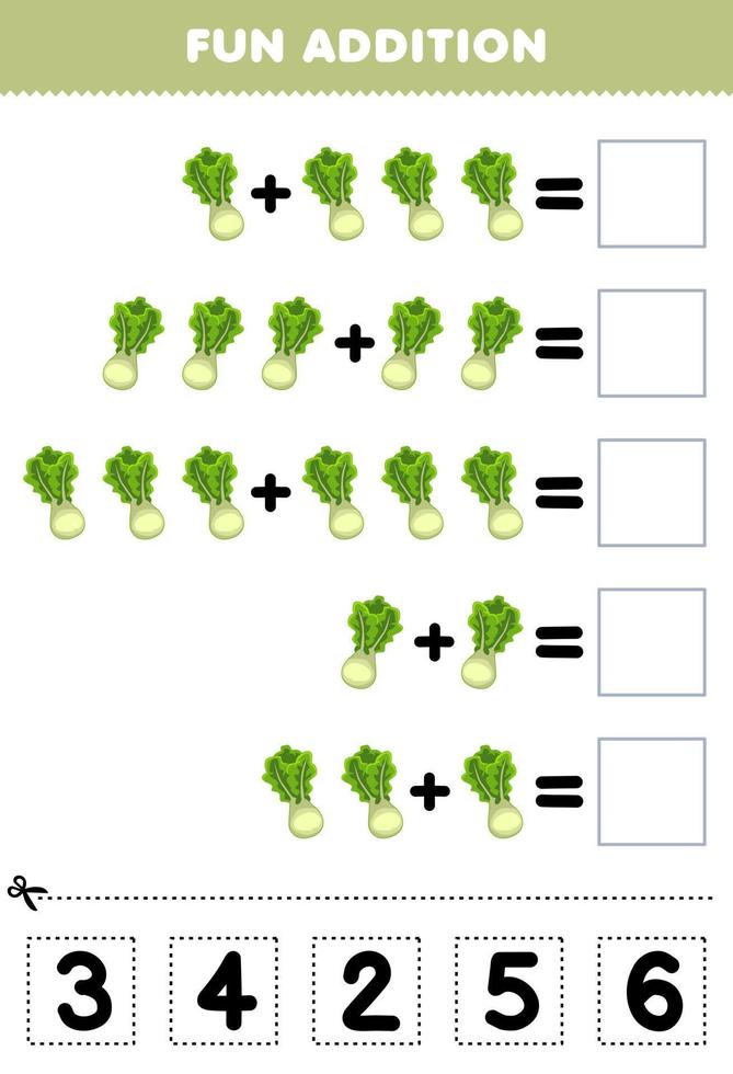 utbildning spel för barn roligt tillägg förbi skära och match korrekt siffra för tecknad serie sallad vegetabiliska tryckbar kalkylblad vektor
