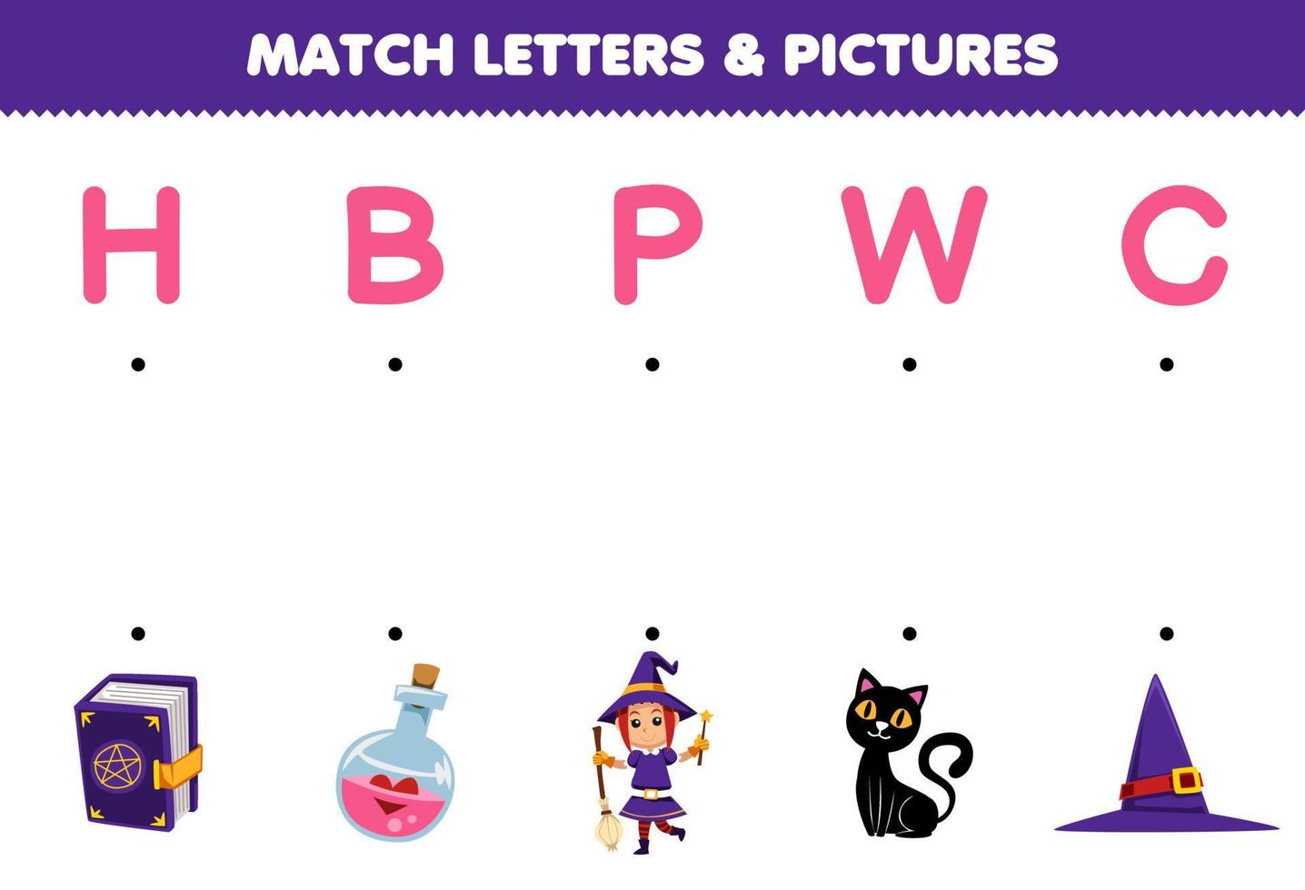 utbildning spel för barn match brev och bilder av söt tecknad serie bok trolldryck häxa katt hatt halloween tryckbar kalkylblad vektor