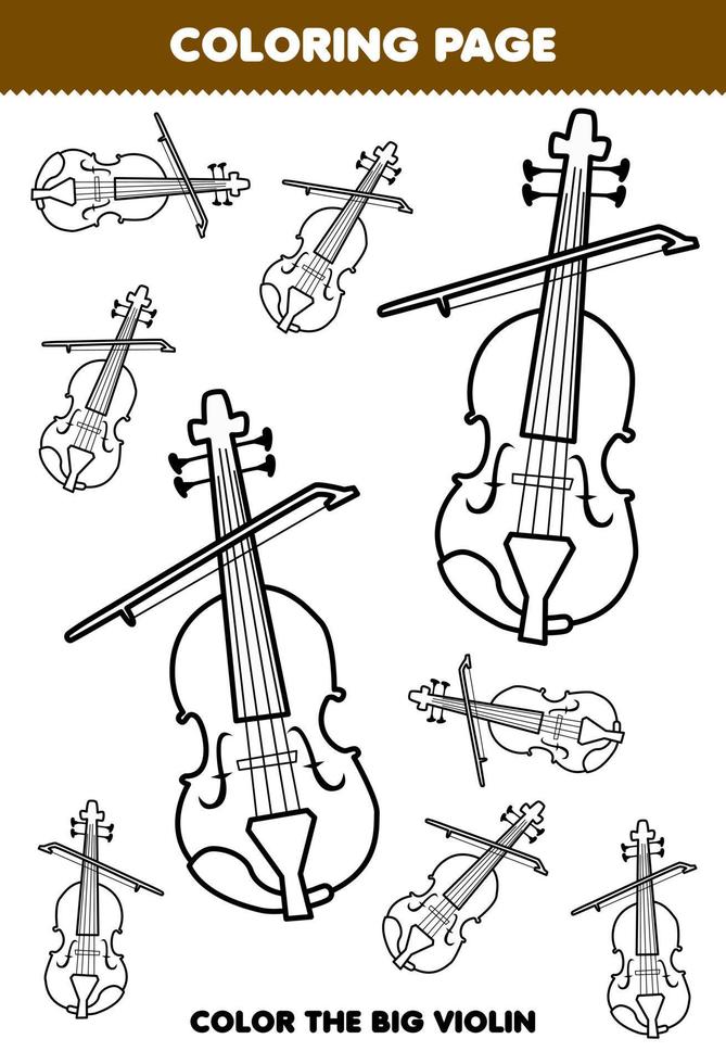 utbildning spel för barn färg sida stor eller små bild av musik instrument fiol tryckbar kalkylblad vektor