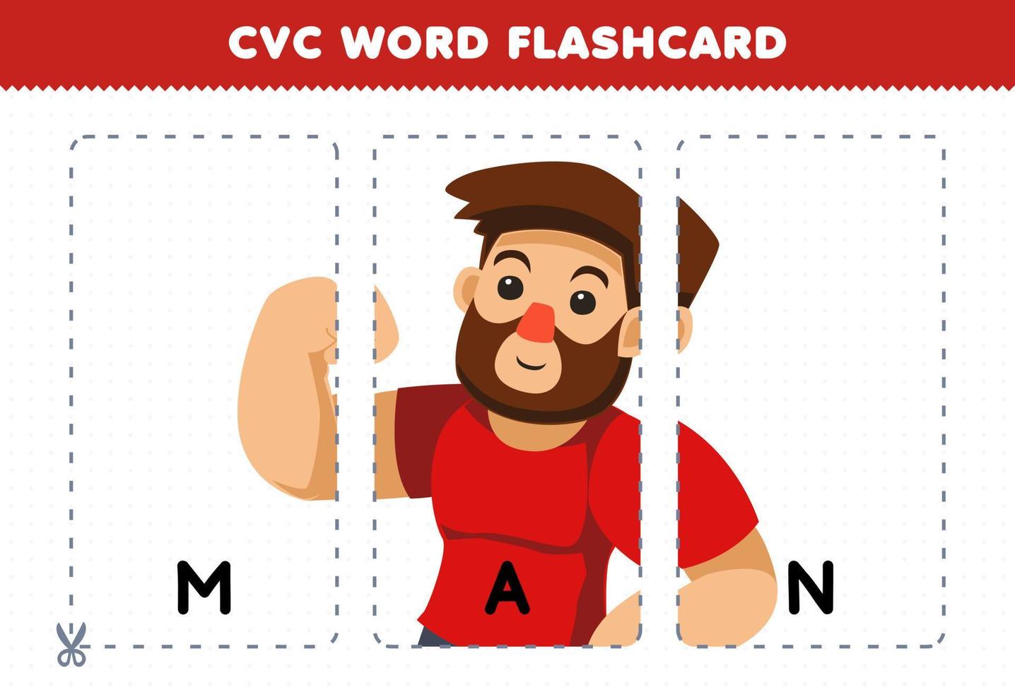 utbildning spel för barn inlärning konsonant vokal konsonant ord med söt tecknad serie stark man illustration tryckbar Flash-kort vektor