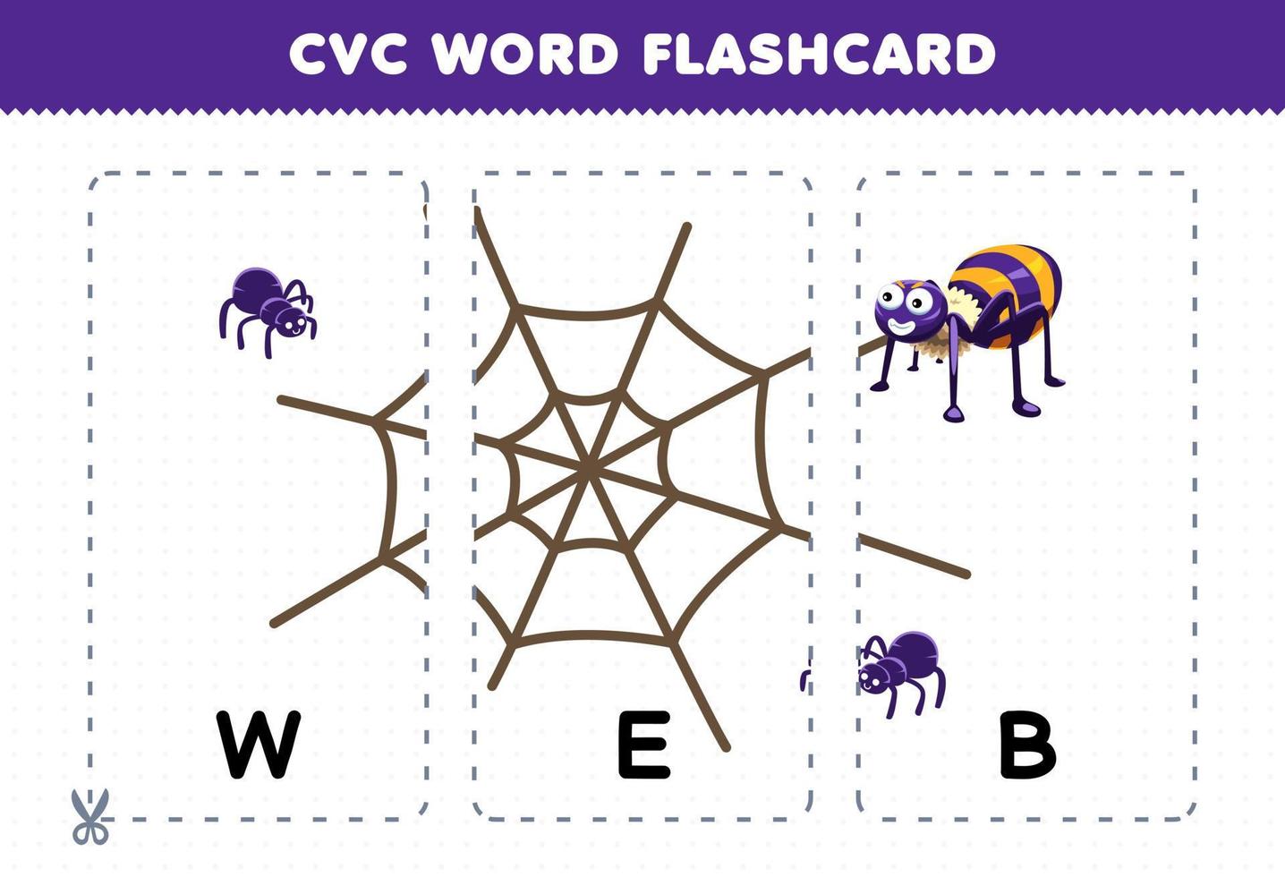 Lernspiel für Kinder, die Konsonanten-Vokal-Konsonanten-Wörter mit niedlicher Cartoon-Spinnennetz-Illustration zum Ausdrucken lernen vektor
