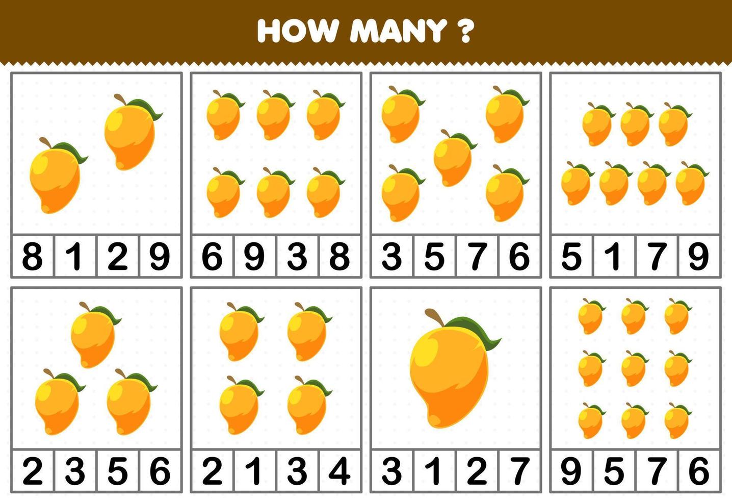 Lernspiel für Kinder, die zählen, wie viele Objekte in jeder Tabelle des Arbeitsblatts zum Ausdrucken von niedlichen Cartoon-Mangofrüchten vorhanden sind vektor