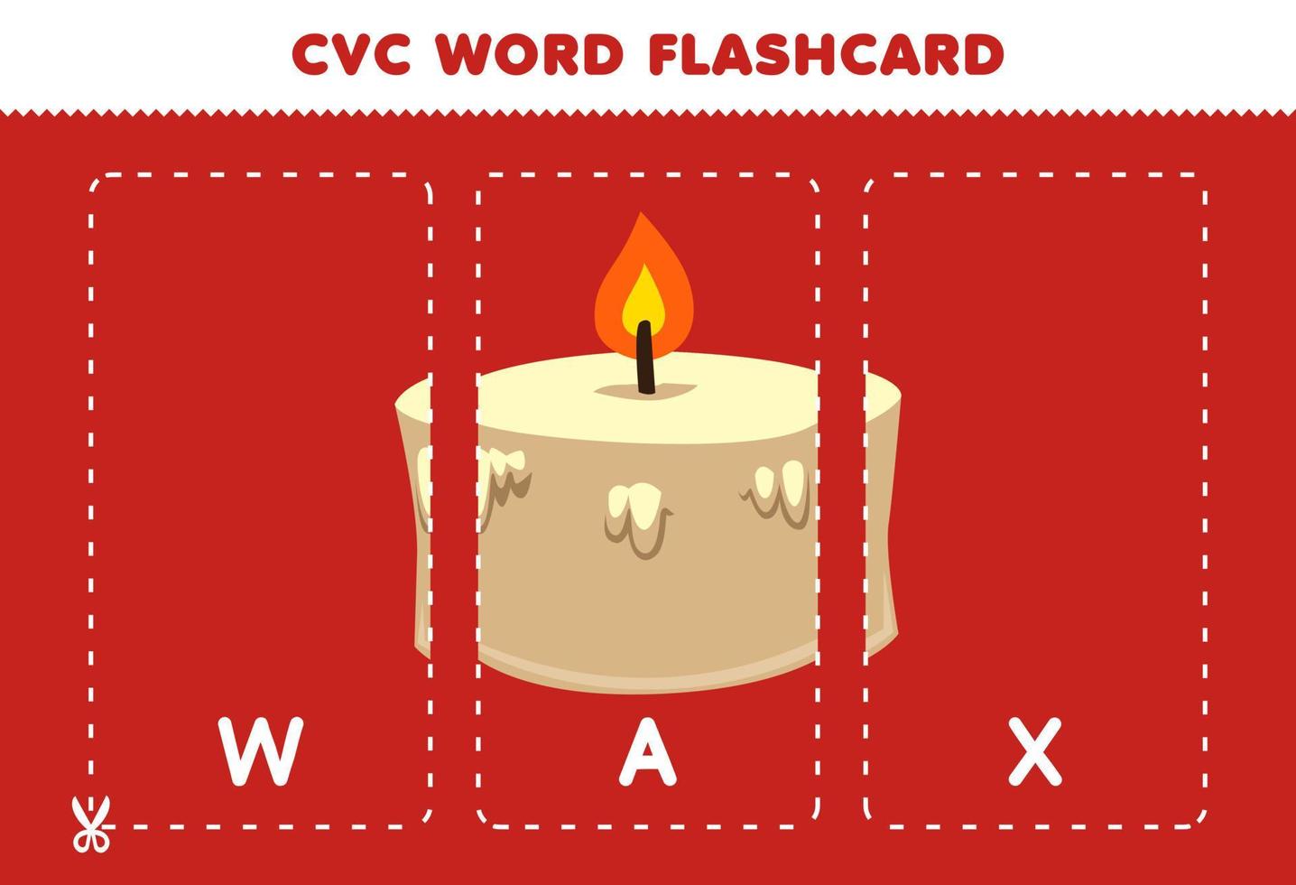 utbildning spel för barn inlärning konsonant vokal konsonant ord med söt tecknad serie vax ljus illustration tryckbar Flash-kort vektor
