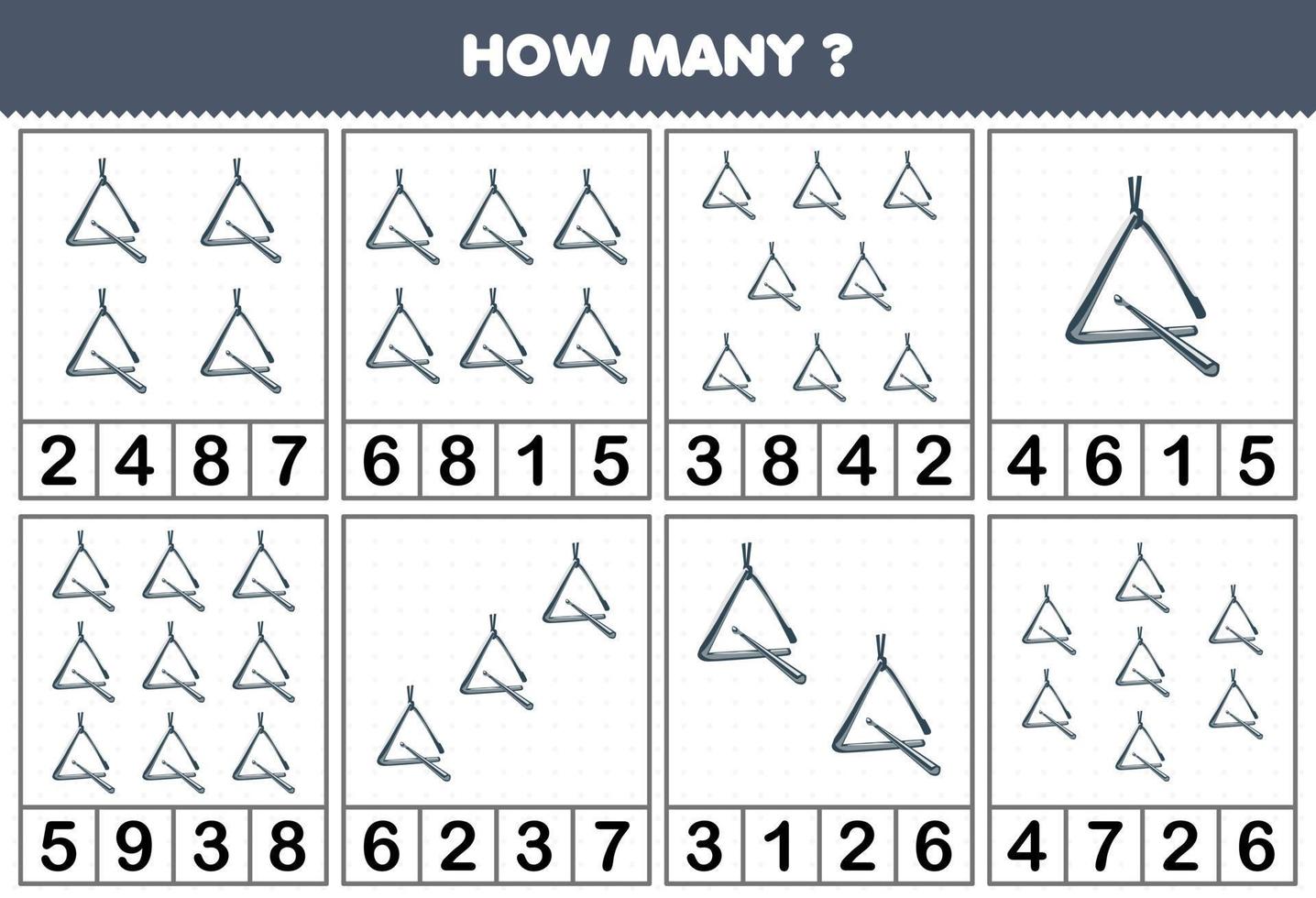 utbildning spel för barn räkning på vilket sätt många objekt i varje tabell av tecknad serie musik instrument triangel tryckbar kalkylblad vektor