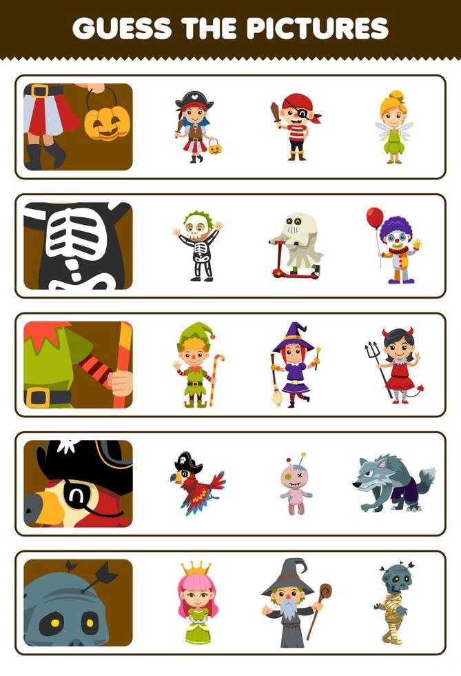 Lernspiel für Kinder errate die richtigen Bilder von niedlichen Cartoon-Piratenskelett-Zwergen Papageien-Mama-Kostüm-Halloween-Arbeitsblatt zum Ausdrucken vektor