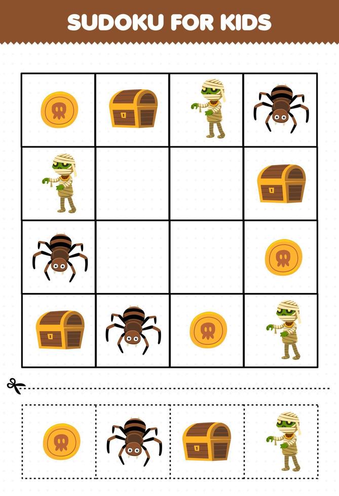 Lernspiel für Kinder Sudoku für Kinder mit niedlichem Cartoon-Münzkästchen Spinnenmumienkostüm Halloween-Arbeitsblatt zum Ausdrucken vektor