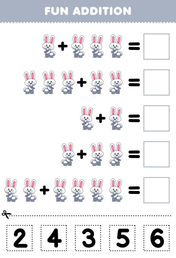 Lernspiel für Kinder Spaß Addition durch Ausschneiden und Abgleichen der richtigen Zahl für das druckbare Arbeitsblatt des niedlichen Cartoon-weißen Kaninchentiers vektor