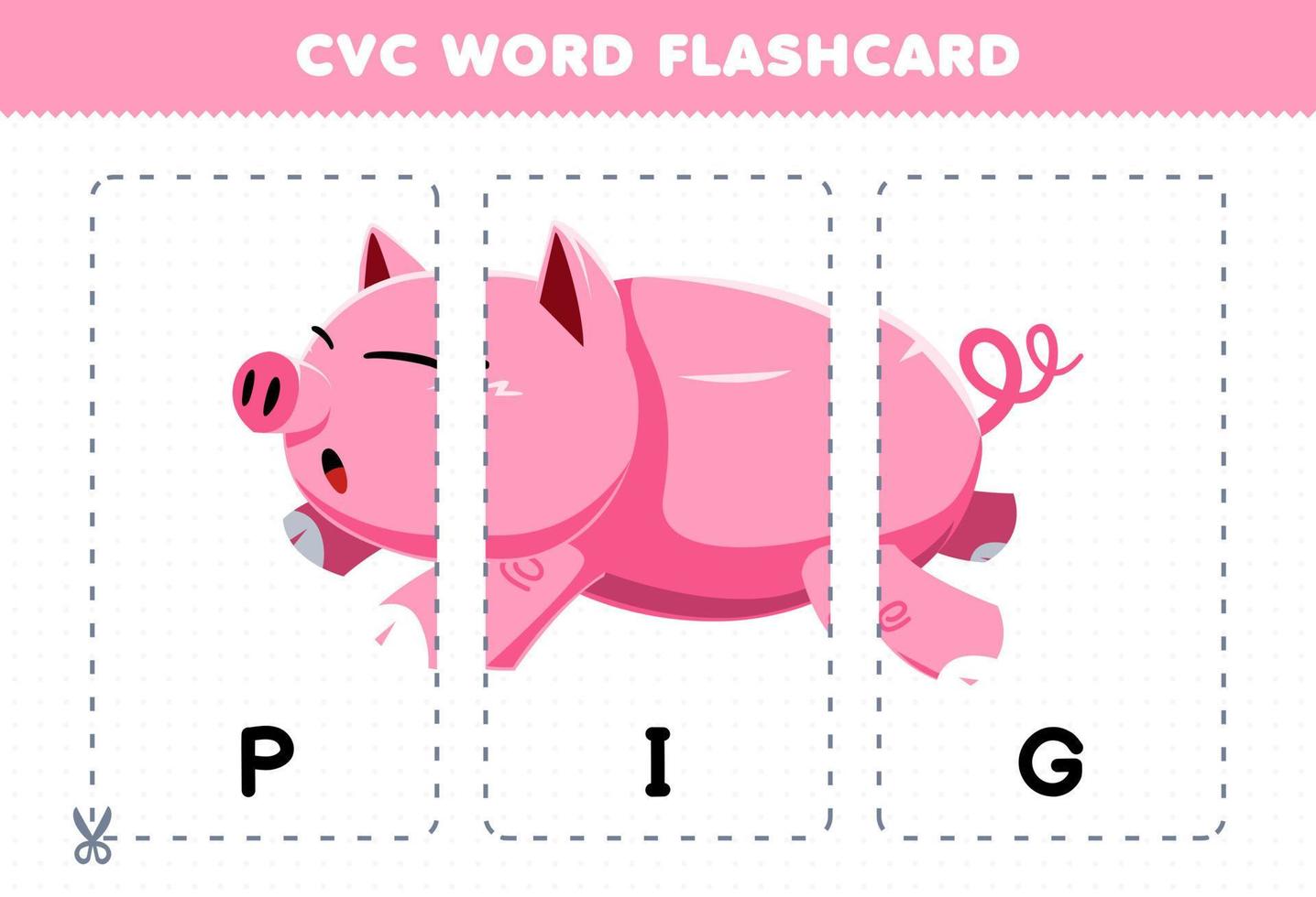 Lernspiel für Kinder, die Konsonant-Vokal-Konsonant-Wort mit niedlicher Cartoon-Schwein-Illustration zum Ausdrucken lernen vektor