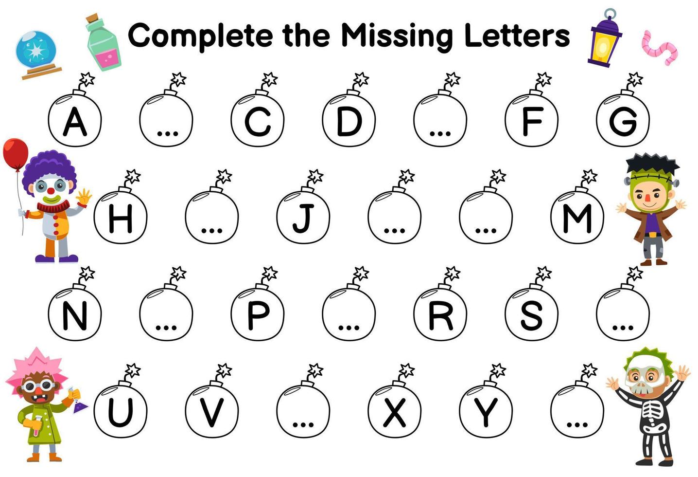 Bildungsspiel zum Vervollständigen der fehlenden Buchstaben mit niedlichem Cartoon-Clown-Wissenschaftler-Skelett-Frankenstein-Kostümbild Halloween-Arbeitsblatt zum Ausdrucken vektor