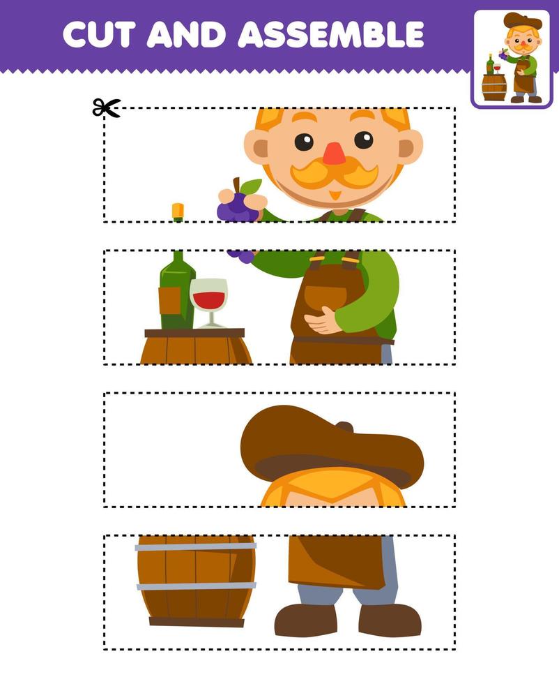 Lernspiel für Kinder Schneiden, Üben und Puzzle zusammenbauen mit niedlichem Cartoon-Winzer, der Traube neben Holzfass-Bauernhof trägt, druckbares Arbeitsblatt vektor