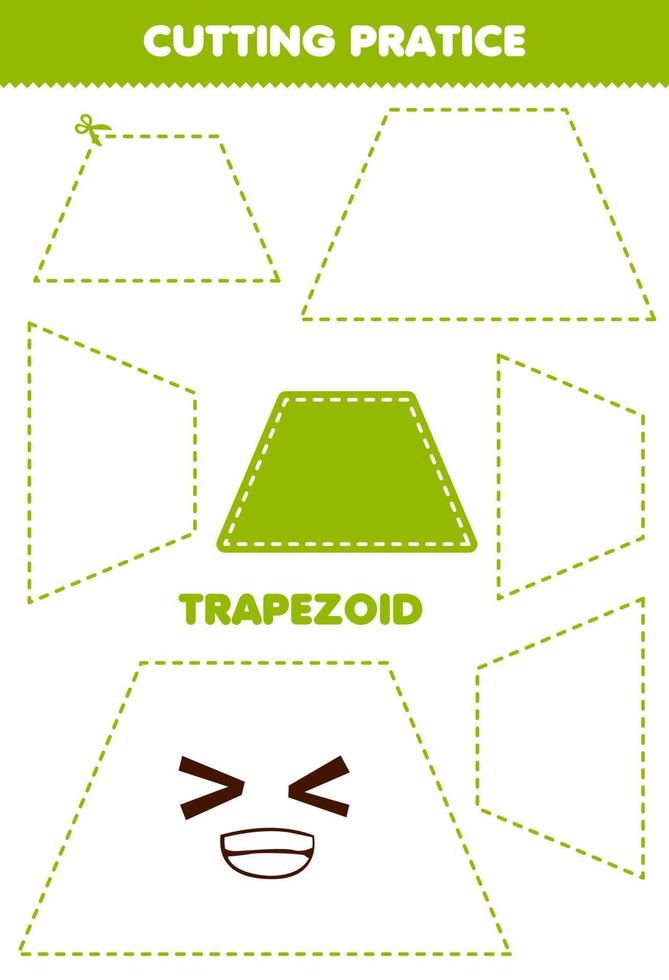 Lernspiel für Kinder Schnittübungen mit geometrischem Trapez-Arbeitsblatt zum Ausdrucken vektor