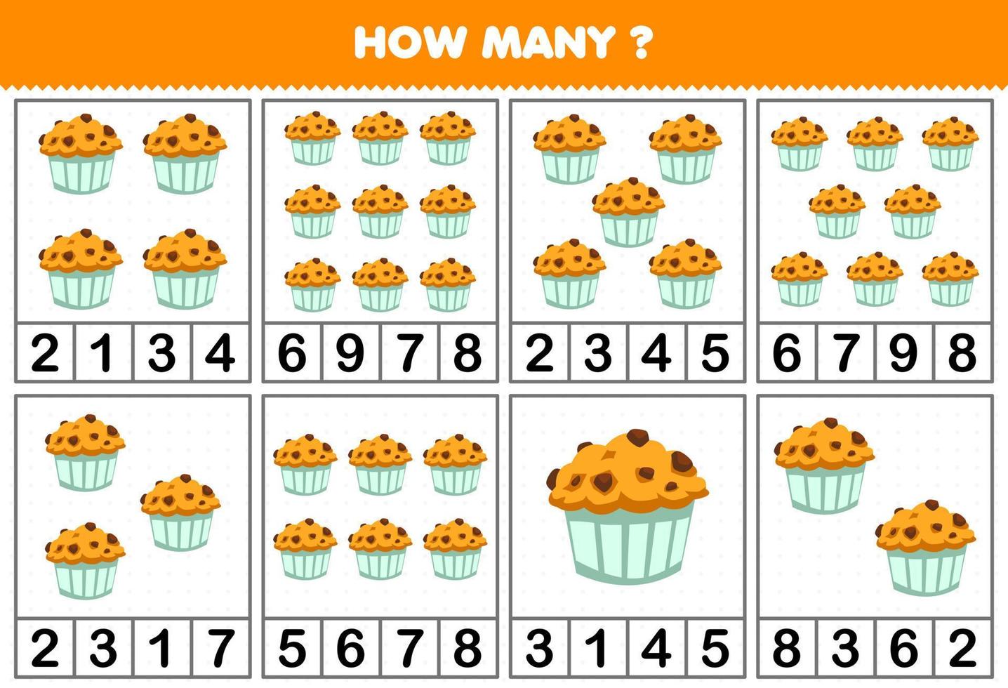 utbildning spel för barn räkning på vilket sätt många objekt i varje tabell av söt tecknad serie muffin tryckbar kalkylblad vektor