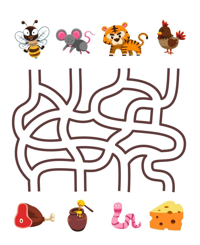 Labyrinth-Puzzle-Spiel für Kinder Paar süße Cartoon-Biene-Maus-Tiger-Huhn mit dem richtigen Lebensmittel-Arbeitsblatt zum Ausdrucken vektor