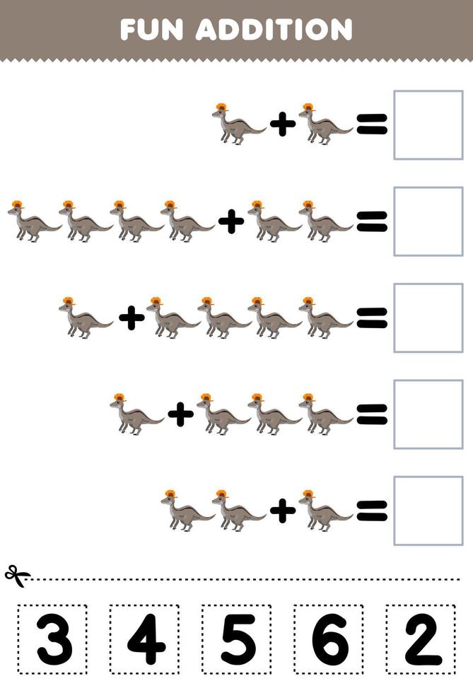 utbildning spel för barn roligt tillägg förbi skära och match korrekt siffra för söt tecknad serie förhistorisk dinosaurie lambeosaurus tryckbar kalkylblad vektor