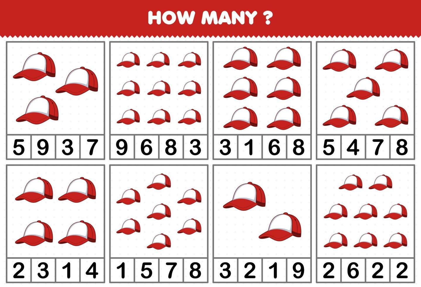 Bildungsspiel für Kinder, das zählt, wie viele Objekte in jeder Tabelle mit Cartoon-Kleidungszubehör, rote Kappe, druckbarem Arbeitsblatt sind vektor