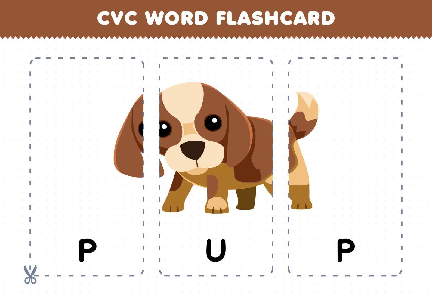 Lernspiel für Kinder, die Konsonanten, Vokale, Konsonantenwörter mit niedlichen Cartoon-Welpen-Hund-Illustrationen zum Ausdrucken lernen vektor