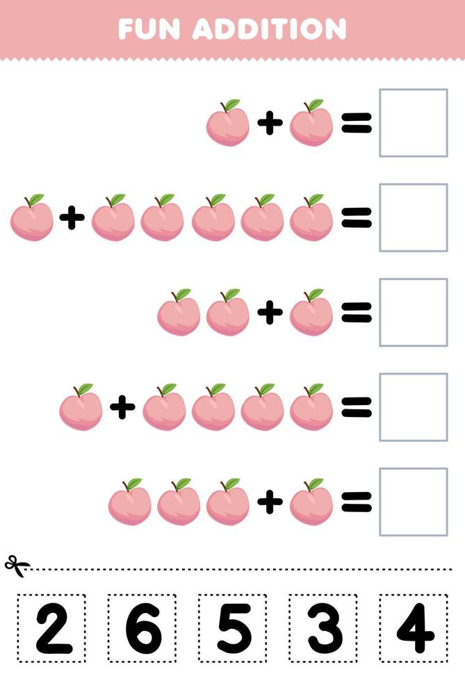 utbildning spel för barn roligt tillägg förbi skära och match korrekt siffra för tecknad serie persika frukt tryckbar kalkylblad vektor