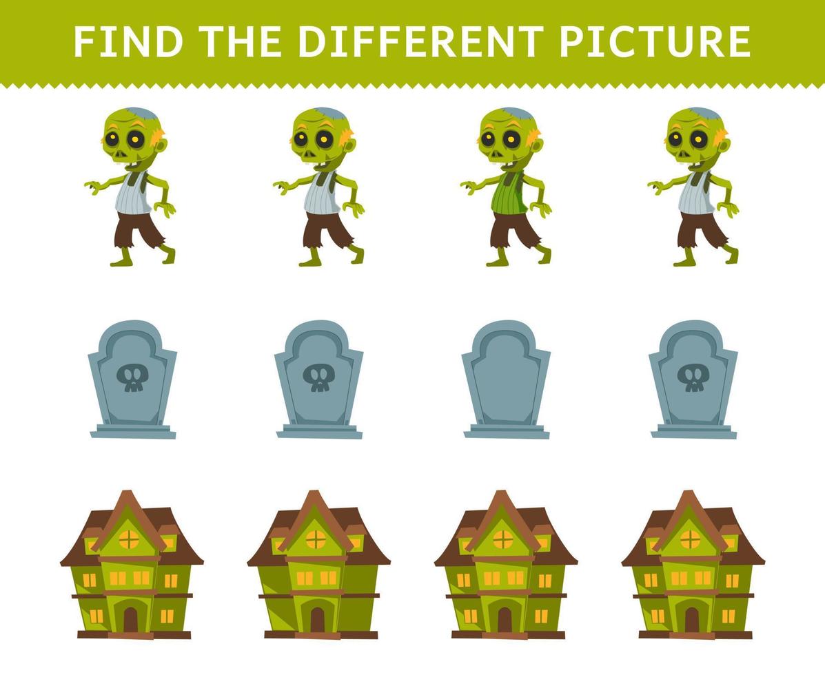 Bildungsspiel für Kinder Finden Sie das unterschiedliche Bild in jeder Reihe des druckbaren Arbeitsblatts für niedliches Cartoon-Zombie-Kostüm-Grabstein-Spukhaus-Halloween vektor