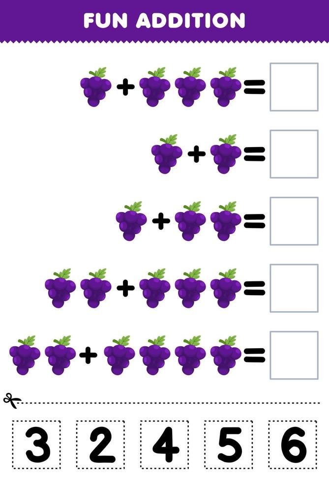 Lernspiel für Kinder, lustige Addition durch Ausschneiden und Anpassen der richtigen Zahl für das druckbare Arbeitsblatt der Cartoon-Grape-Frucht vektor