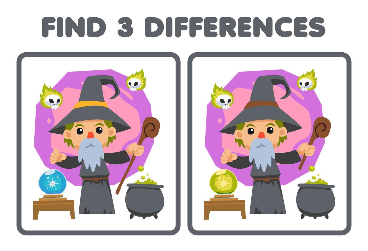 Lernspiel für Kinder Finden Sie drei Unterschiede zwischen zwei niedlichen Cartoon-Zaubererkostüm-Halloween-Arbeitsblättern zum Ausdrucken vektor