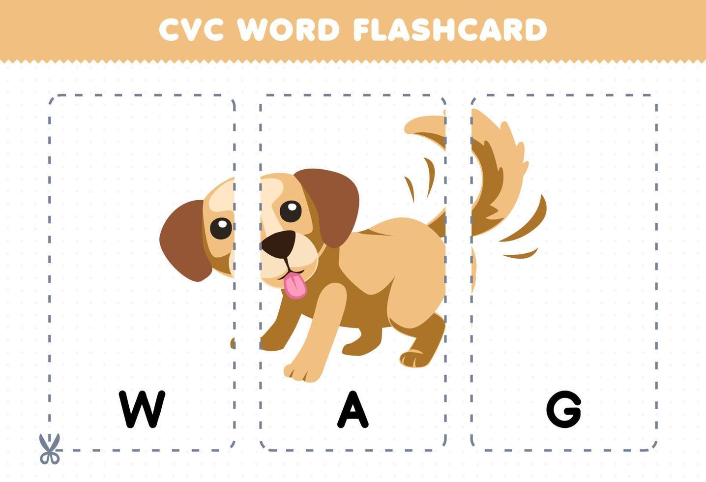 Lernspiel für Kinder, die Konsonanten-Vokal-Konsonanten-Wort mit niedlicher Cartoon-Hund-Wag-Schwanz-Illustration zum Ausdrucken lernen vektor
